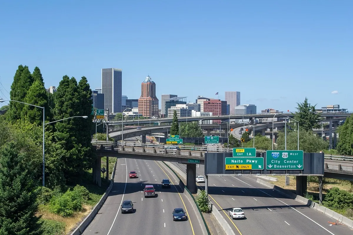 Portland, Oregon skyline viewed from the Ross Island Bridge