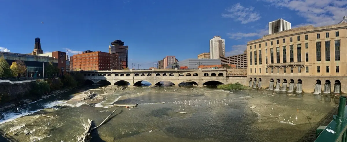 Rochester, New York skyline along the Genesee River seen from the Court Street Bridge