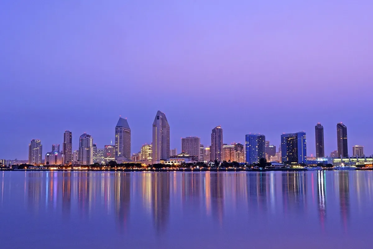 San Diego skyline at dawn seen from Coronado Island across the bay