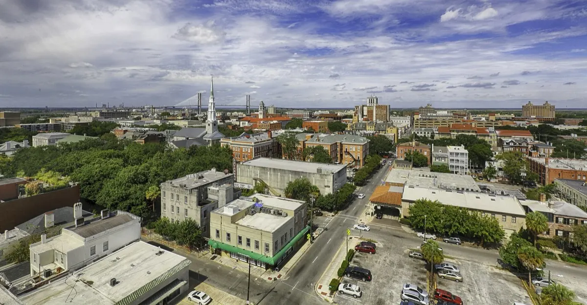 Aerial view of downtown Savannah, Georgia with the Talmadge Memorial Bridge in the distance