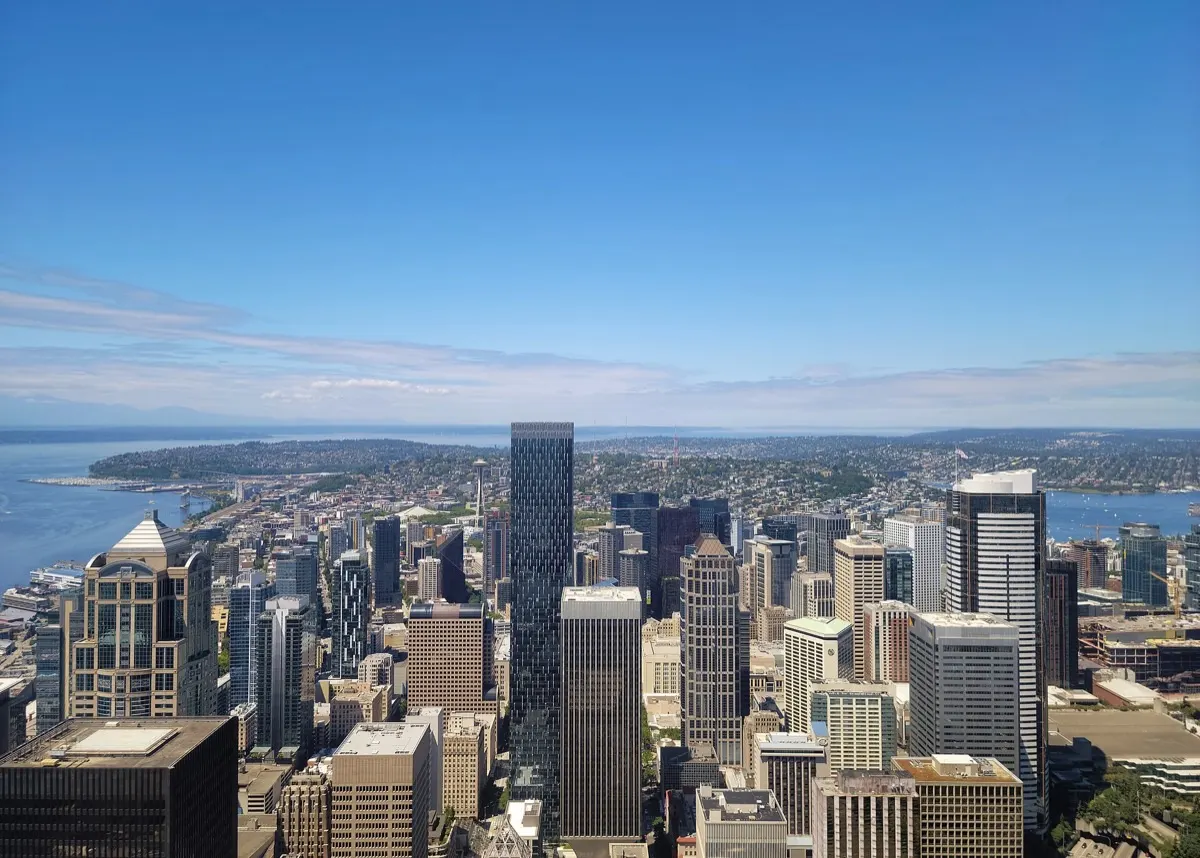 Seattle skyline with the Space Needle and Lake Union seen from above downtown