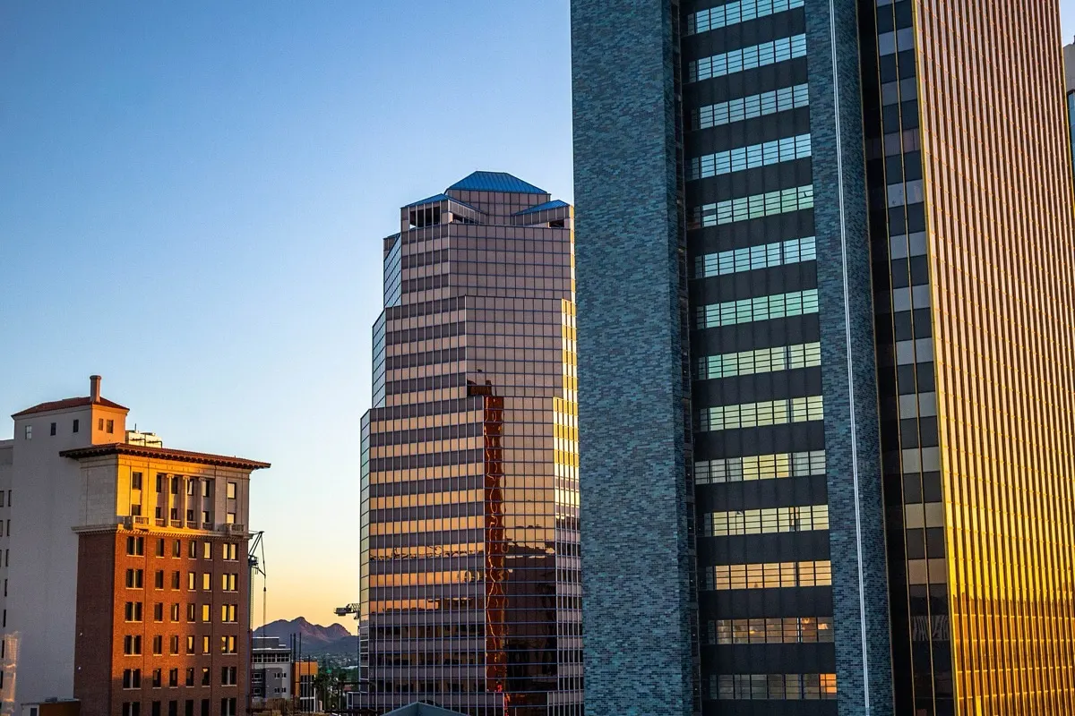 Downtown Tucson skyline with desert mountains in the distance
