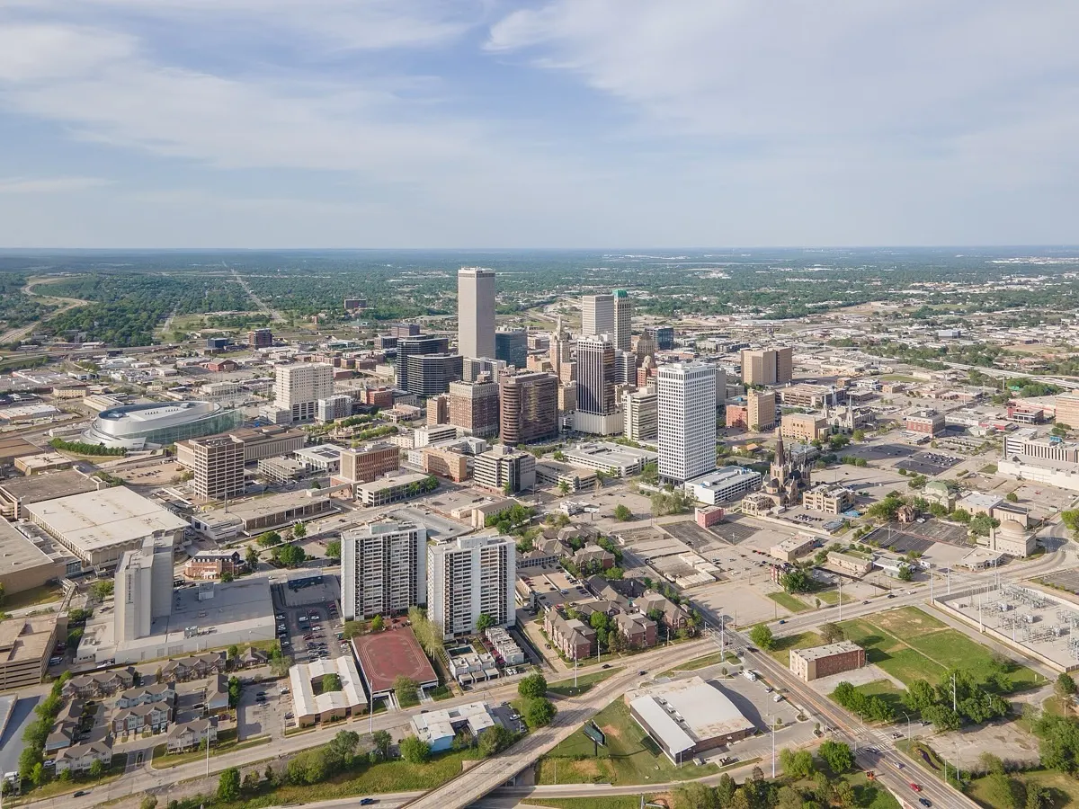 Aerial view of downtown Tulsa, Oklahoma in daylight