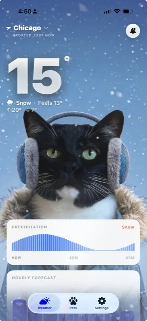 WeatherPets app in light mode showing hourly forecast with a pet weather scene