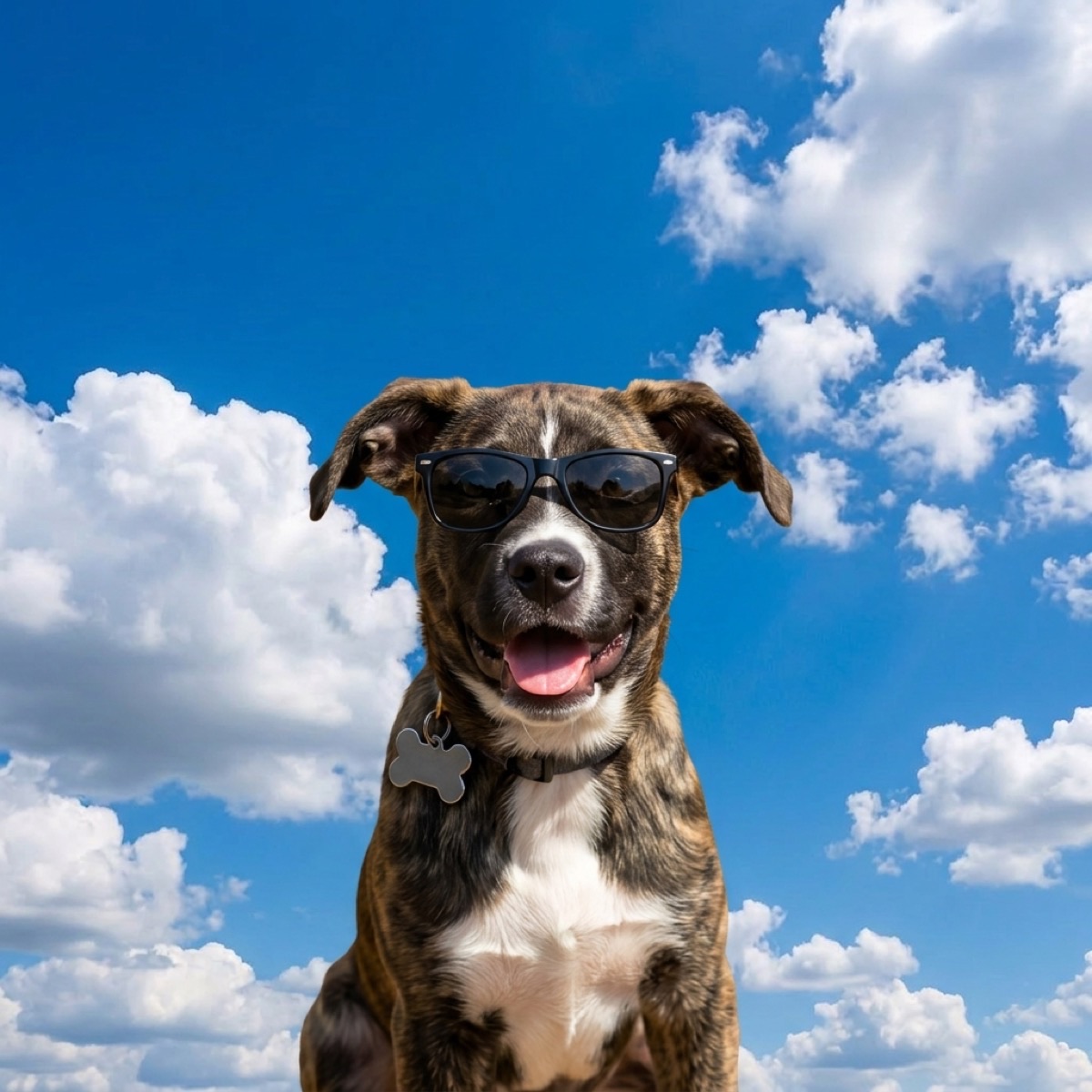 Bailey, a sweet golden-coated dog, sitting outdoors under a partly cloudy spring sky