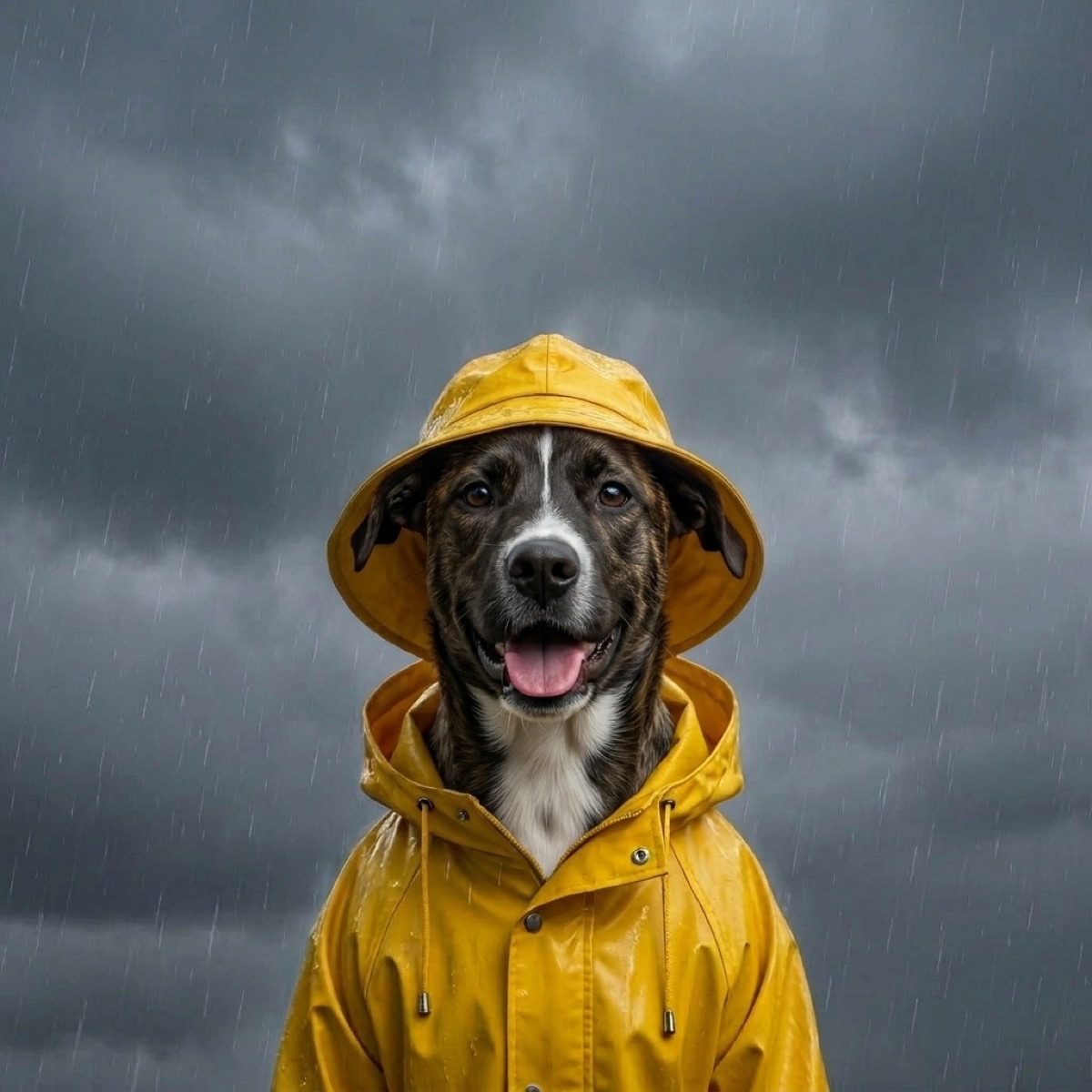 Bailey the dog standing out in steady rain on a gray, wet day