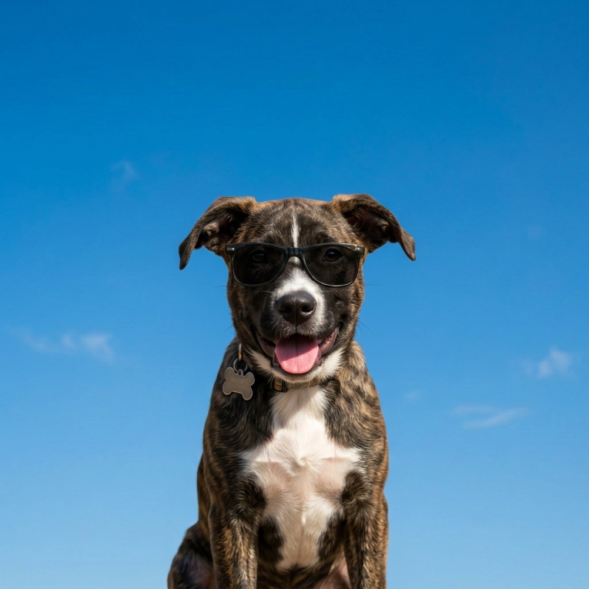 Bailey, a sweet-faced dog, sitting in bright summer sunshine