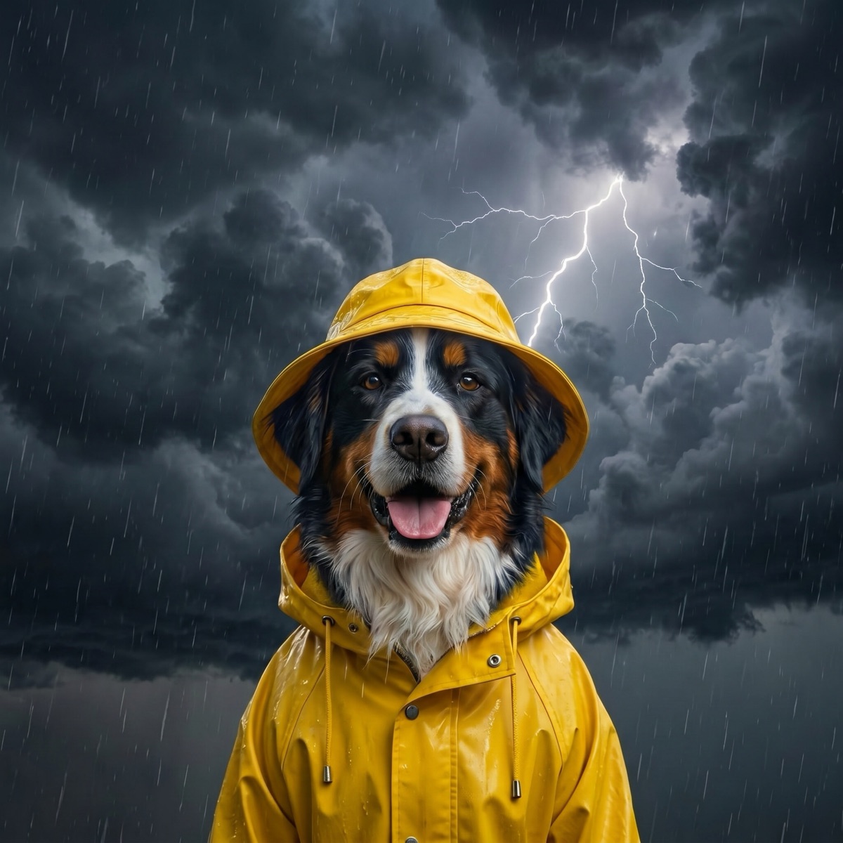 Bernie the Bernese mountain dog under a dark thunderstorm sky, watching lightning in the distance