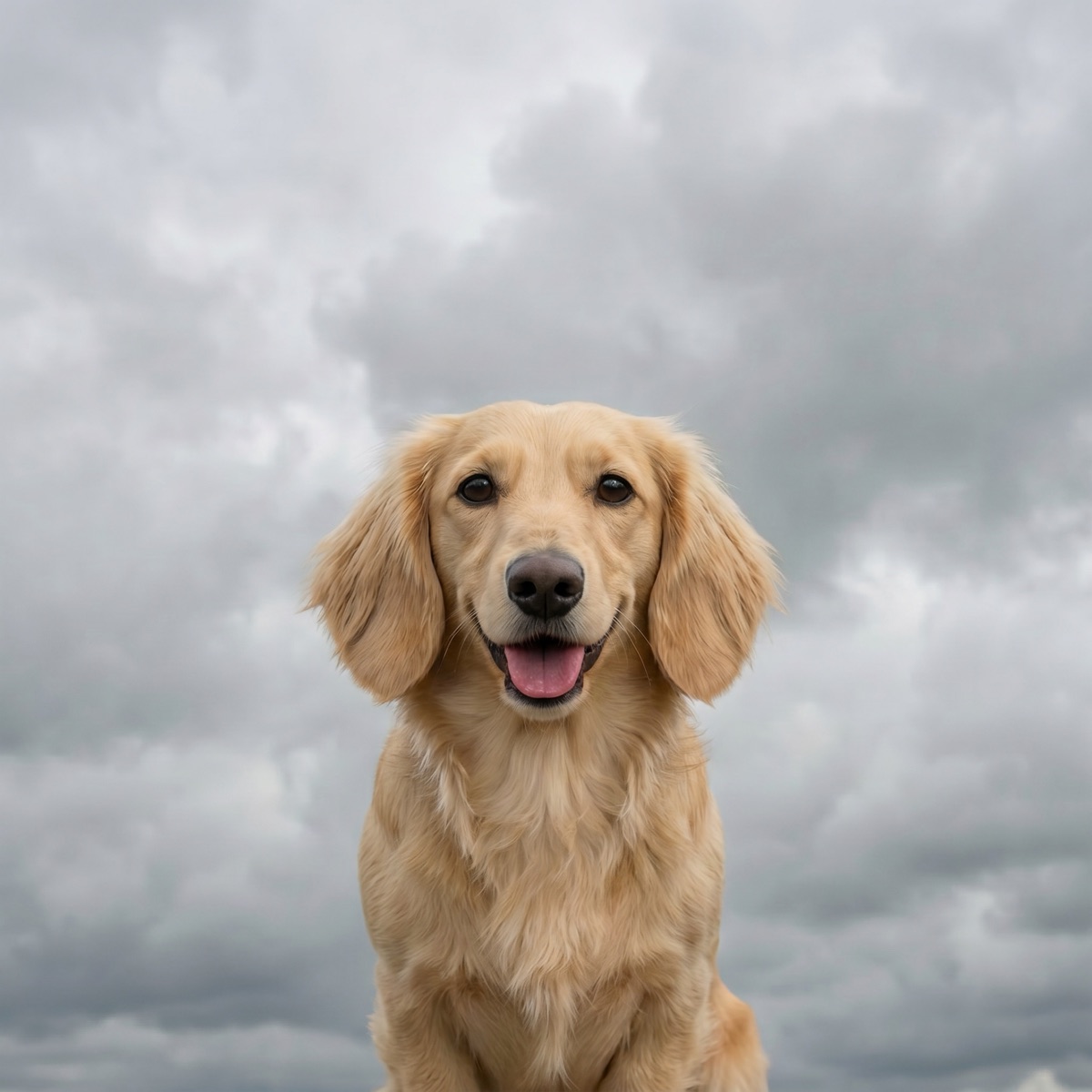 Gary the dog under thick grey overcast, the low-contrast light that makes a dark dog hard to pick out