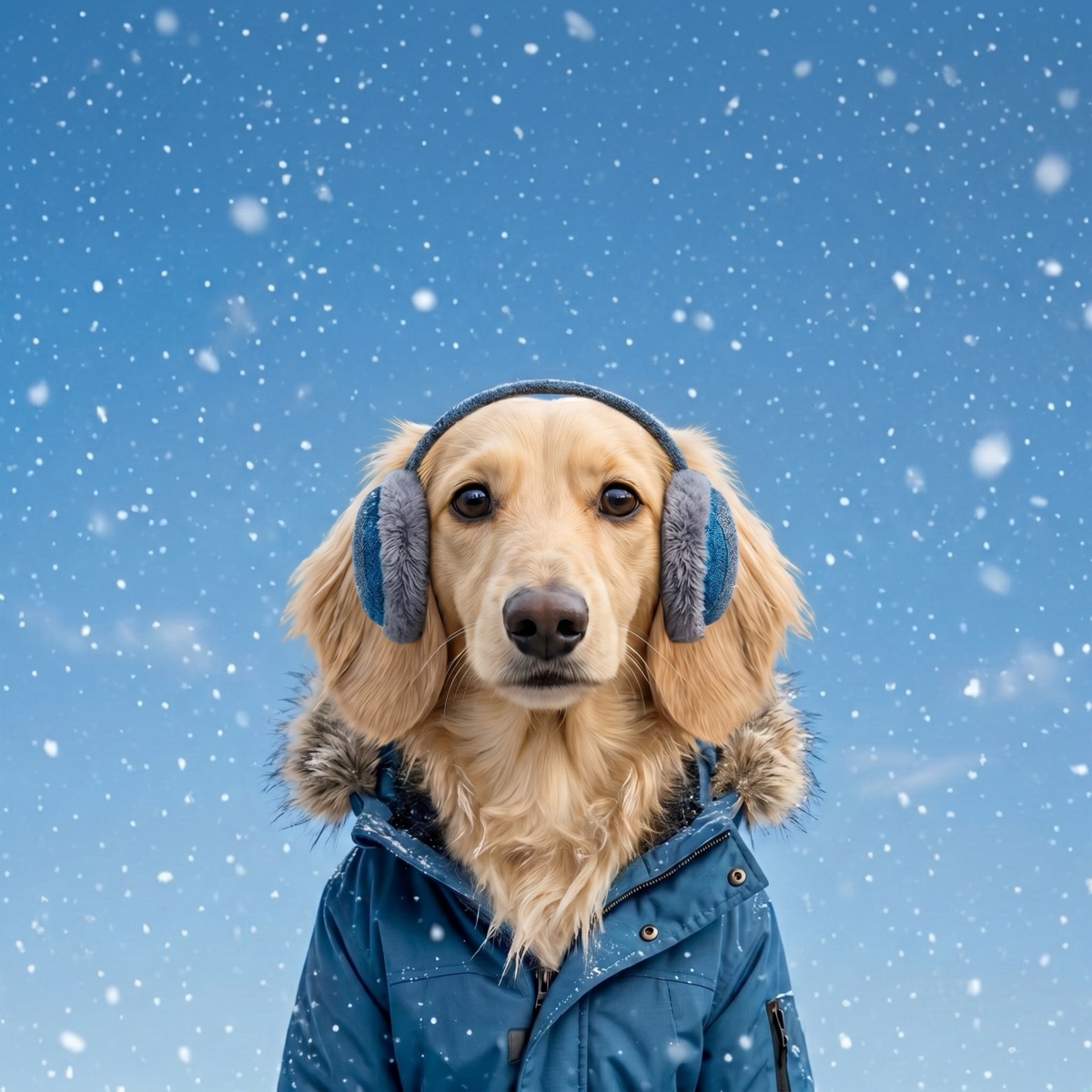 Gary, a long-haired dachshund, standing in fresh snow on a winter day