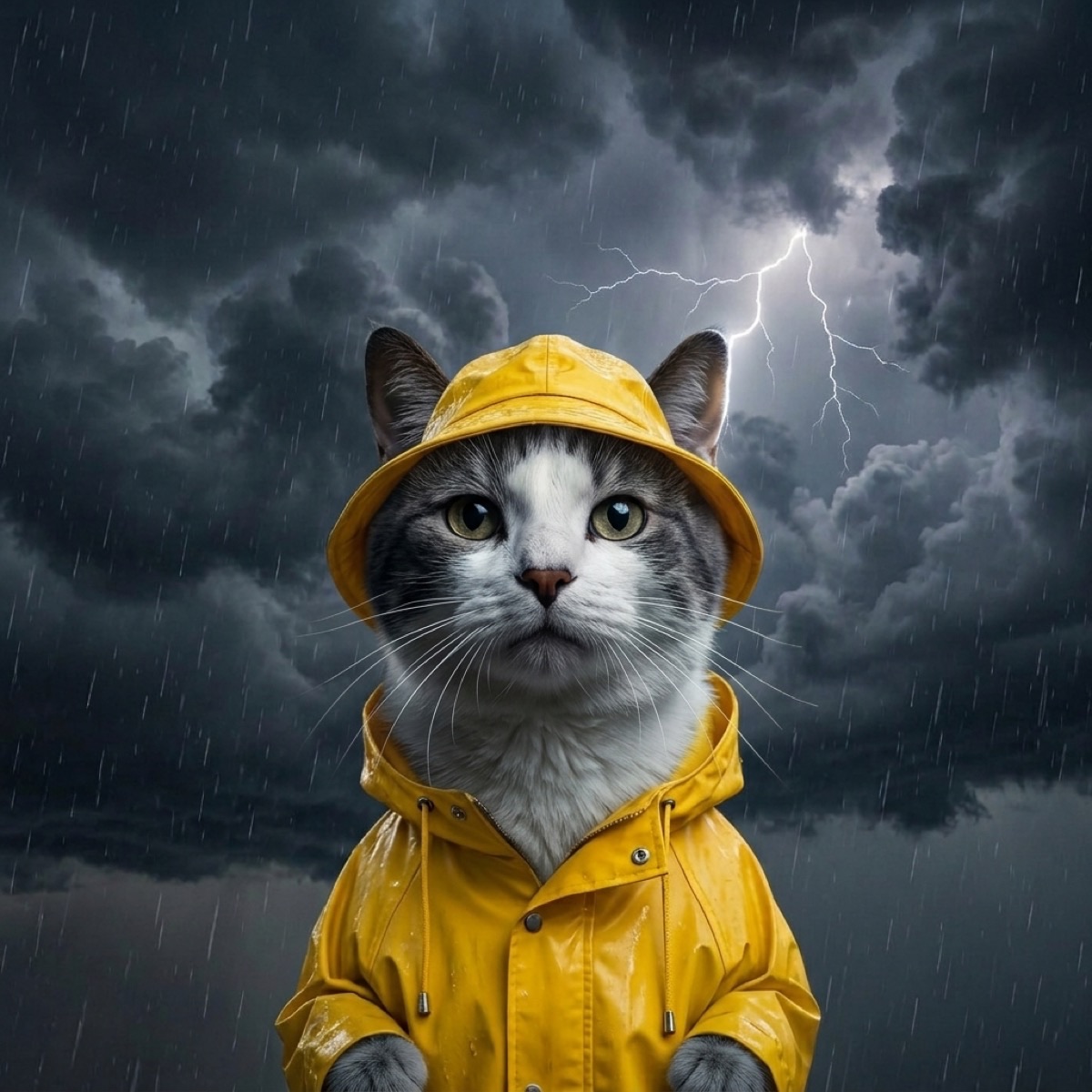 Hugh the cat watching a dark thunderstorm with lightning in the sky