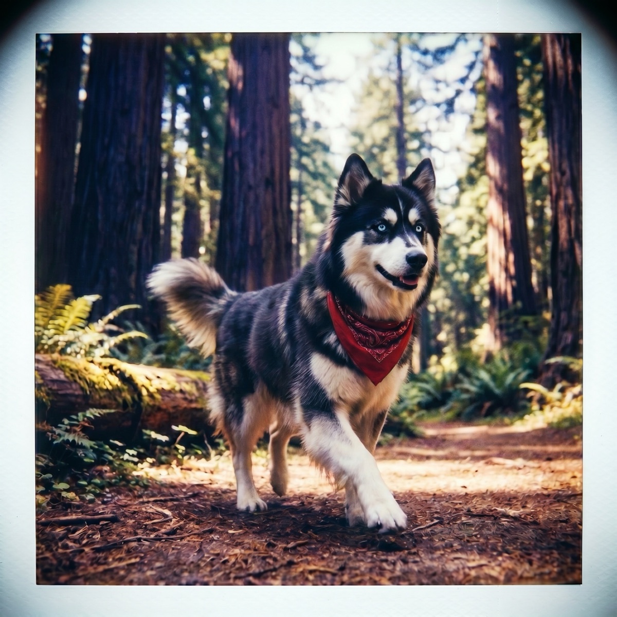 Huskers the Siberian husky outside on a crisp partly cloudy fall day