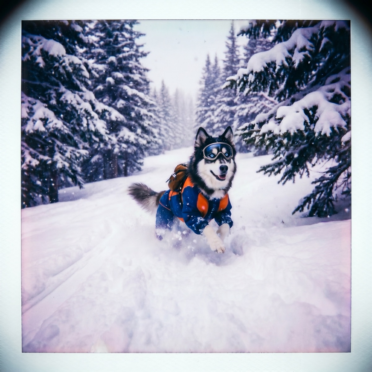 Huskers, a Siberian husky, happily playing in deep snow on a winter adventure