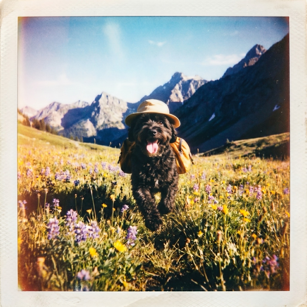 A small black dog in a hat and backpack bounding through a wildflower meadow, styled like an old polaroid