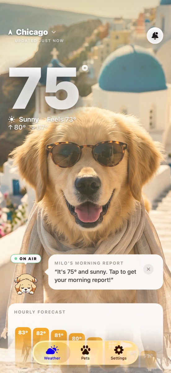 The WeatherPets home screen, with Milo the dog delivering a sunny day forecast