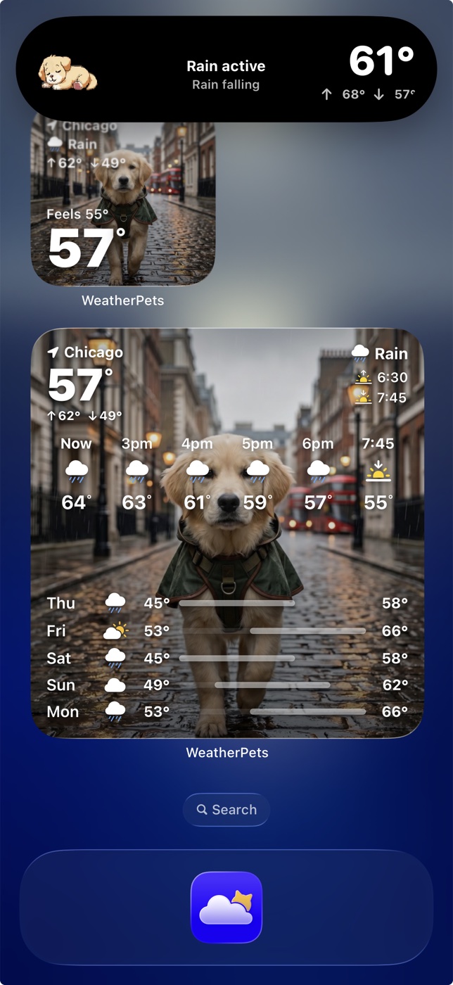 A WeatherPets home screen widget and Live Activity featuring Milo
