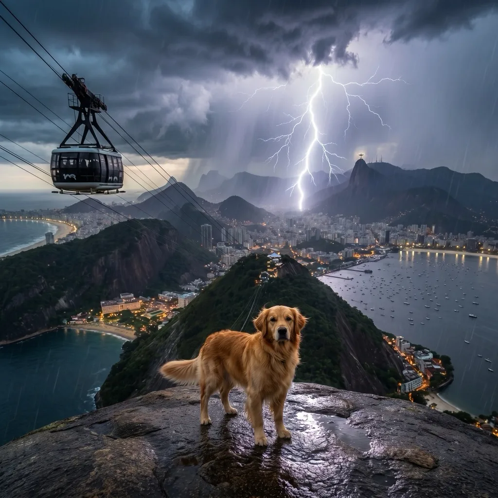 Brazil Traveler — Sugarloaf cable-car summit viewpoint during a storm over Guanabara Bay, Rio de Janeiro