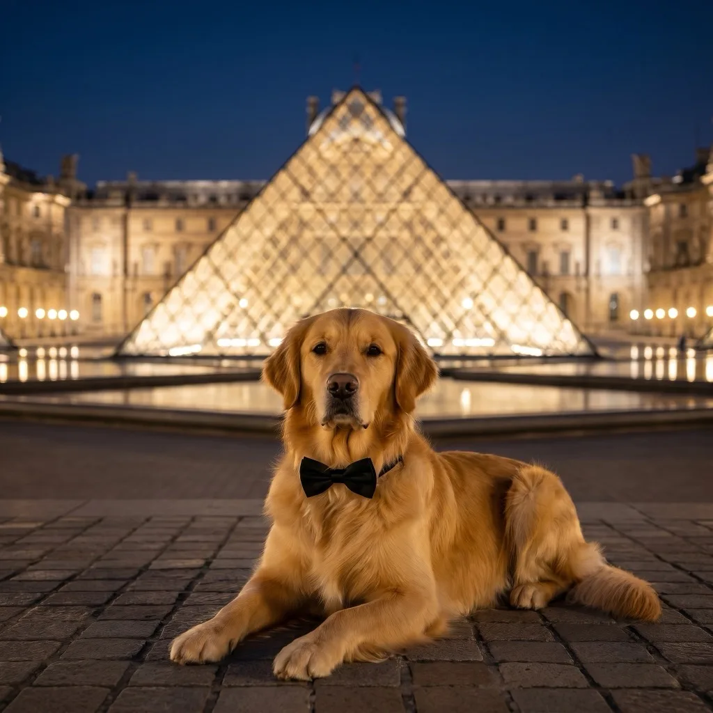 France Traveler — Louvre glass pyramid lit at night, Paris