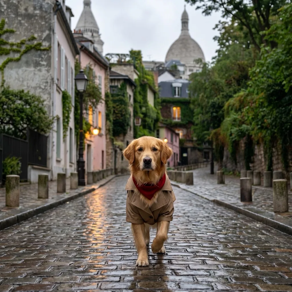 France Traveler — Montmartre cobbled street in rain, Paris