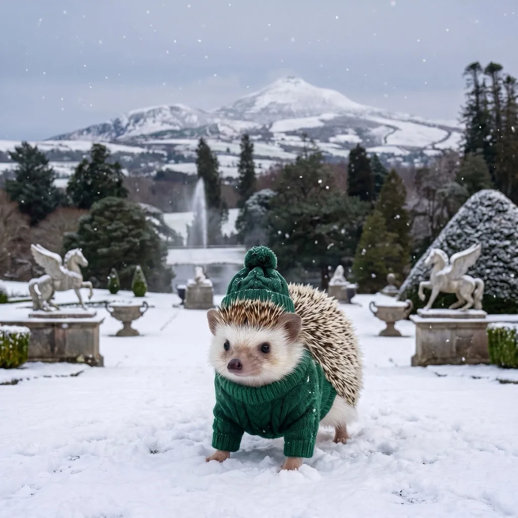 Ireland Traveler — Powerscourt Gardens with the Great Sugar Loaf behind, rare snowfall