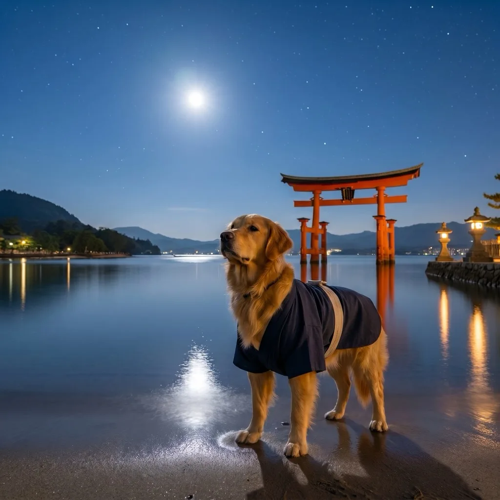 Japan Traveler — Itsukushima floating torii gate at Miyajima under a moonlit sky