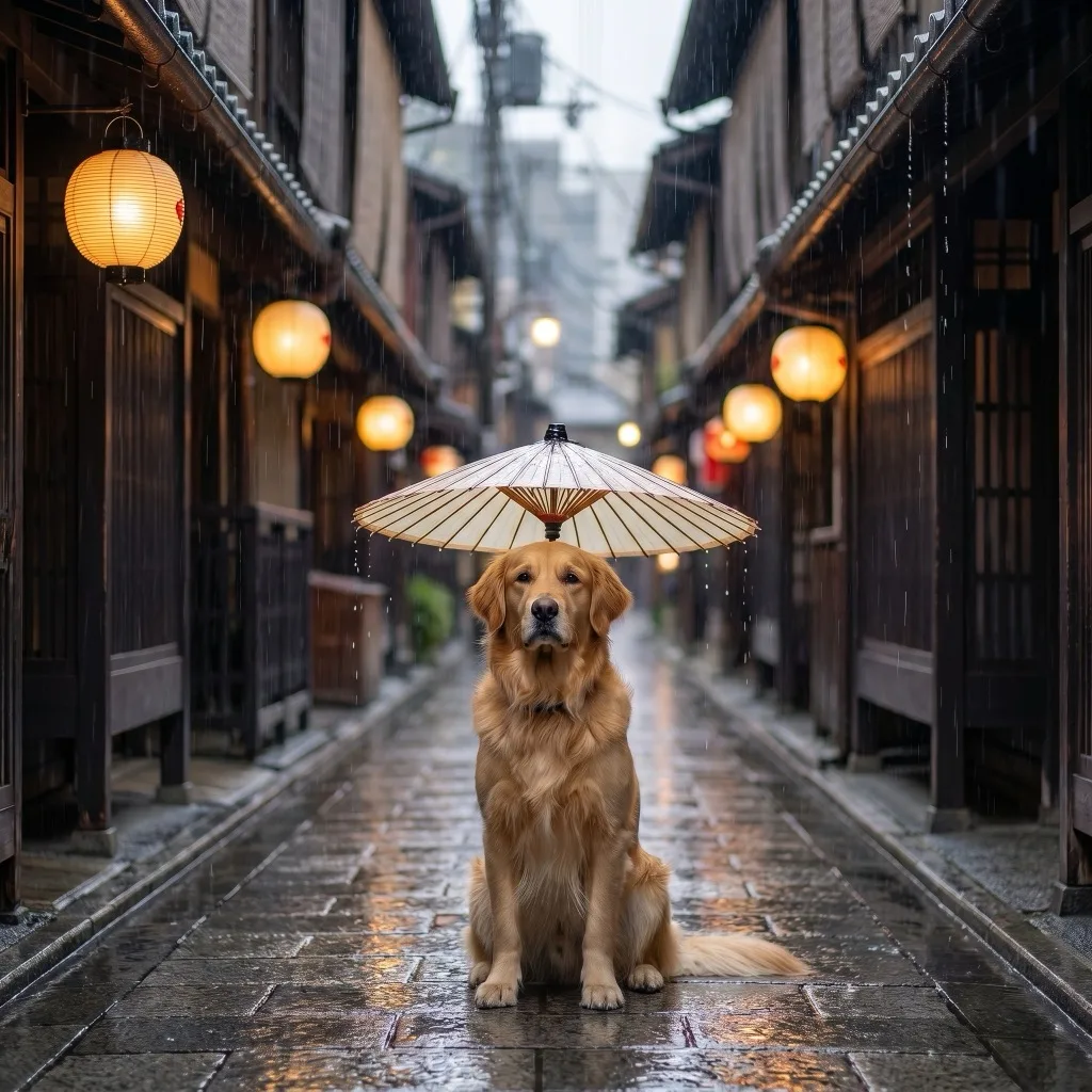 Japan Traveler — Hanamikoji stone-paved street in Gion under steady rain, Kyoto