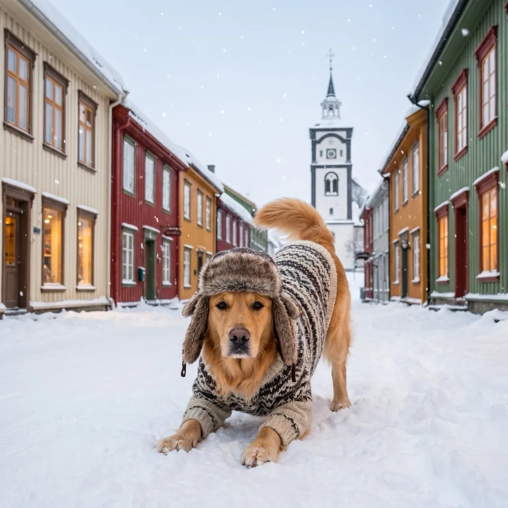 Norway Traveler — Kjerkgata, the historic wooden street of Roros, in snowfall