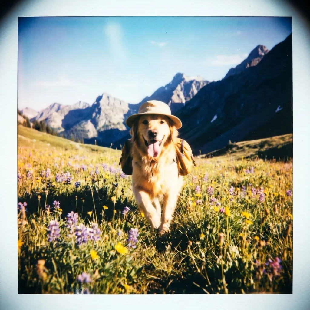A pet shown in the Polaroid Adventure WeatherPets style pack