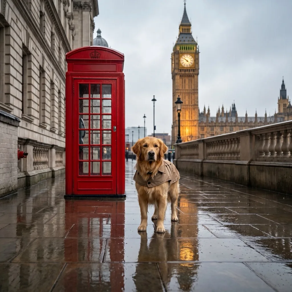 UK Traveler — Westminster in rain: Big Ben and a red telephone box