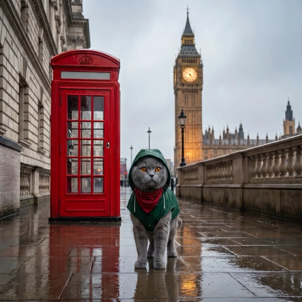 UK Traveler — Westminster in rain: Big Ben and a red telephone box