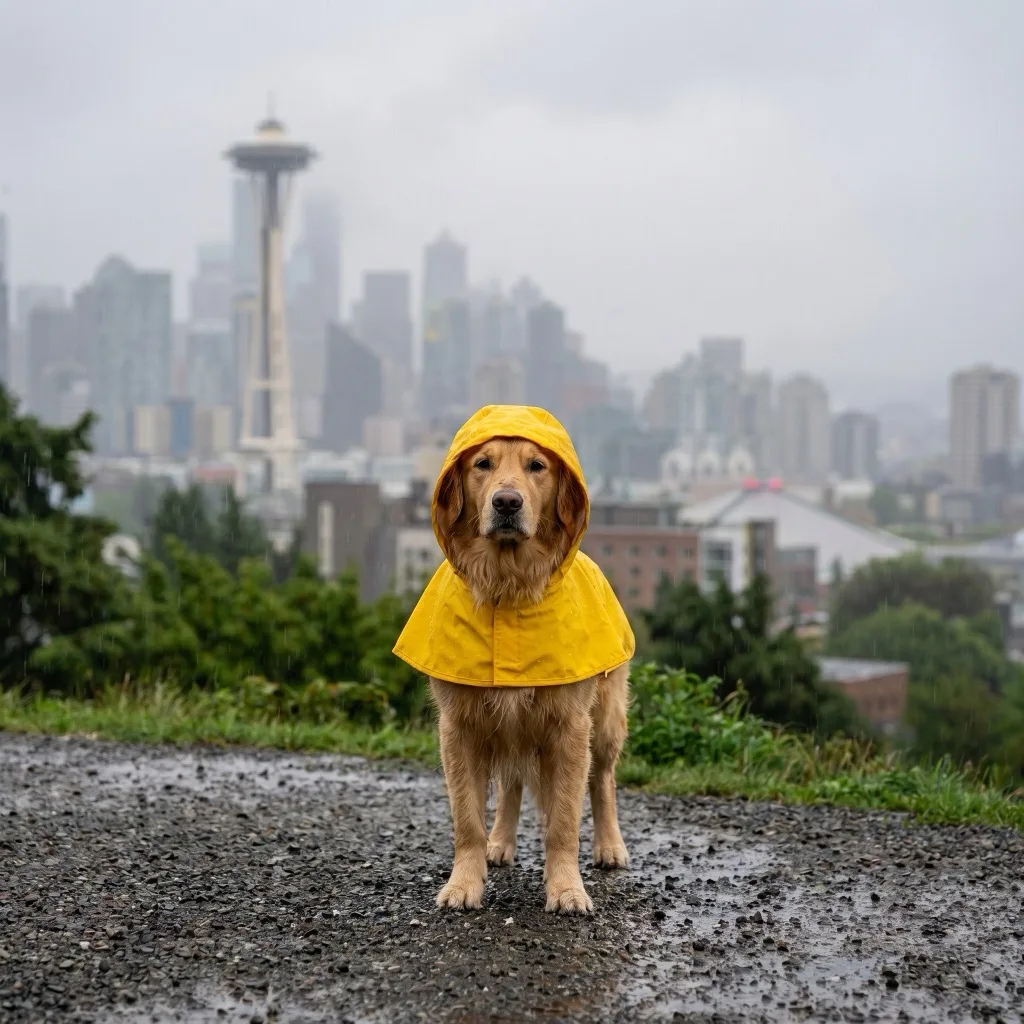 USA Traveler — Seattle waterfront pier in steady rain, Space Needle in the mist
