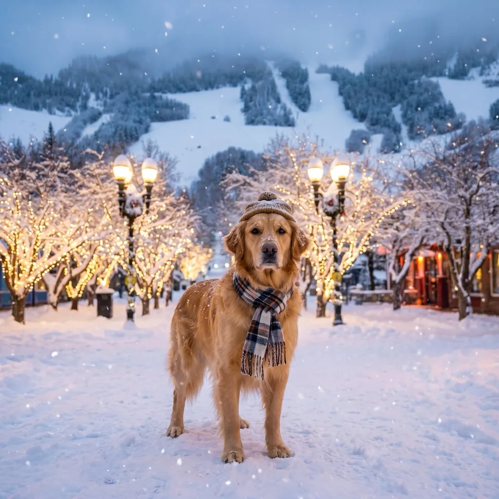USA Traveler — Aspen ski-town street in snowfall, Rocky Mountains behind