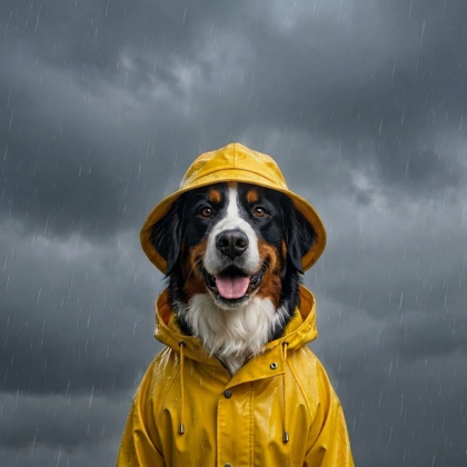 Bernie in a rainy scene